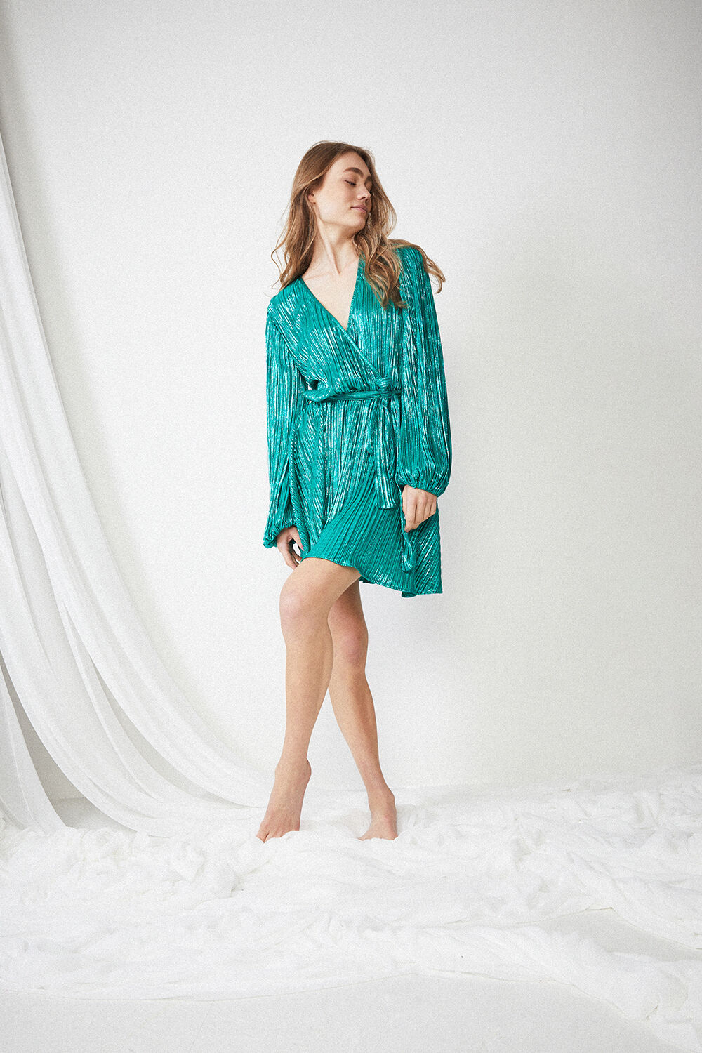 Bellissa Pleat Dress in Green Shin | Bardot